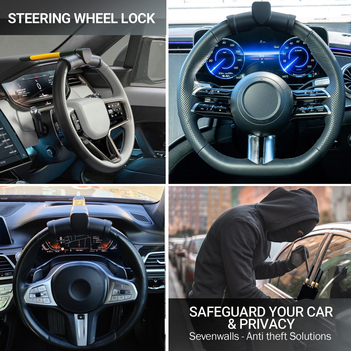 Sevenwalls T-Bar Steering Wheel Lock – High-Visibility Car Security Lock