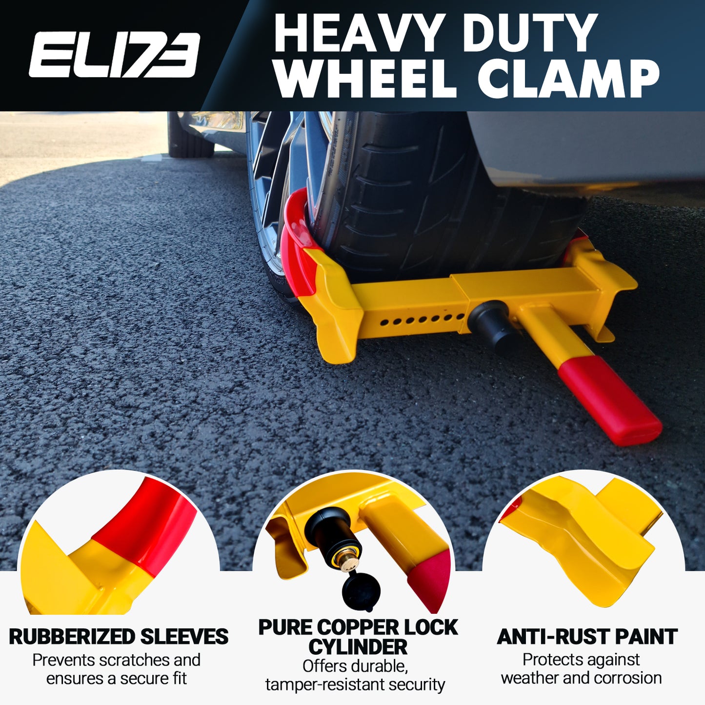 ELI73 Wheel Clamp - Anti-Theft Security Lock for Cars, Caravans, and Trailers