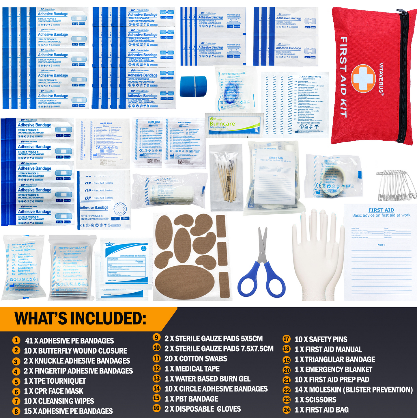 Vitaverus 180-Piece First Aid Kit – Emergency Medical Kit for Home & Travel